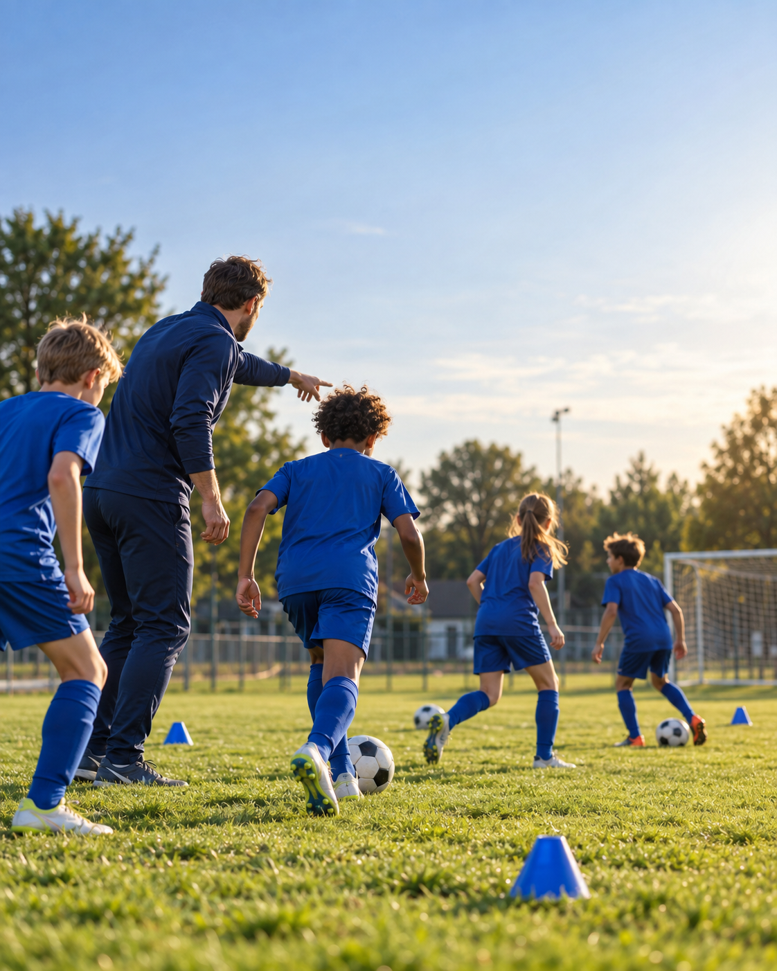 Jeugdspelers trainen samen met hun coach op het voetbalveld